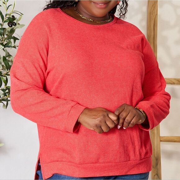 Basic Bae Round Neck Drop Shoulder Slit Sweatshirt sz L - Picture 5 of 9